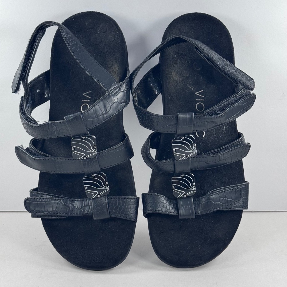 Vionic Amber Black Croc Embossed Adjustable Strappy Sandals TVW1275 Size 6